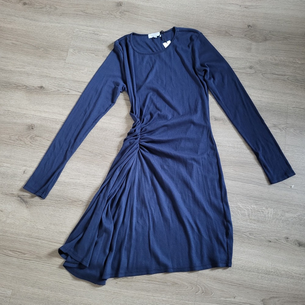 Michael Stars Marina Ruched Long Sleeve Mini Dress Blue Ultra Rib Medium Petite